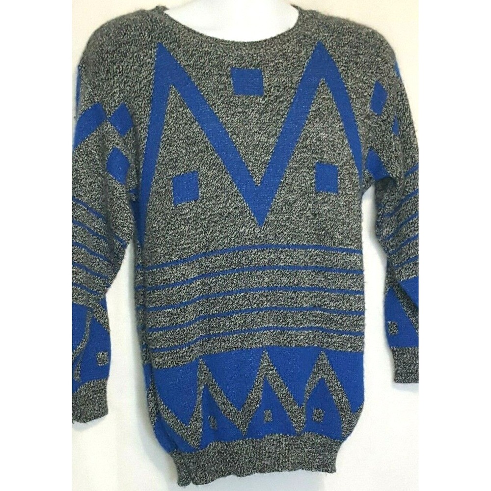 Pullover Sweater Unisex Mens Size M Womens L Vintage 80s Blue Gray Print